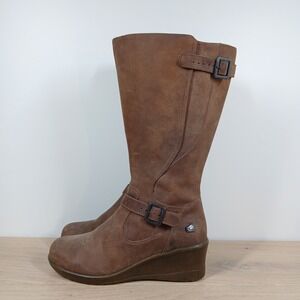 Keen Boots Women 8.5 Brown Leather Knee High Buckle Strap Wedge Riding